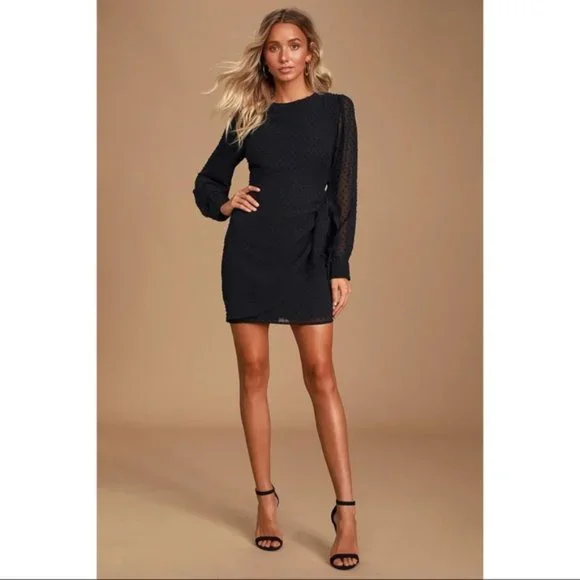 NWT Lulus Much Love Black Swiss Dot Long Sleeve Tie-Front Mini Dress (L)